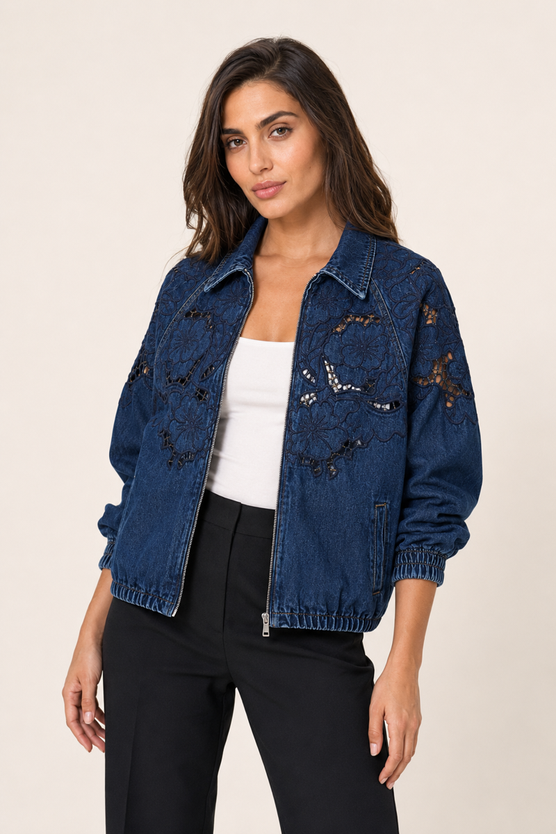 Tencel Denim Çiçek İşlemeli Bomber Ceket Görseli
